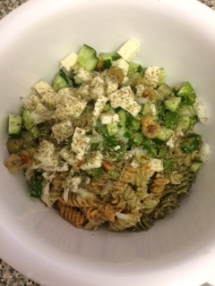 balsamic chicken pasta salad with seasoning and oil